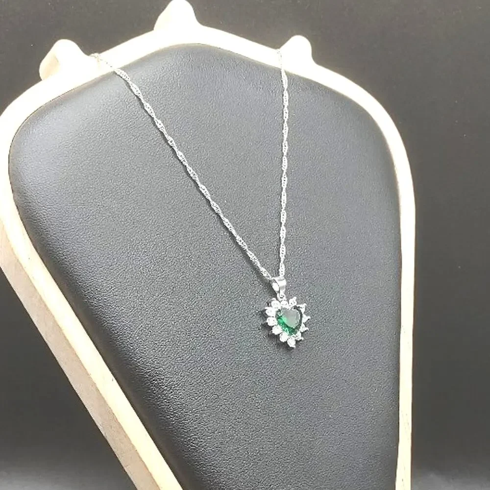 925 Silver Green CZ Emerald Necklace Hearts Summer  Anniversary Birthday Gift